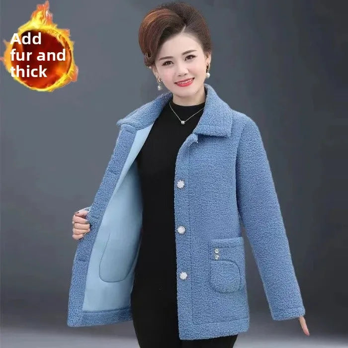 Thick Faux Sheepskin Fleece-Lined Leather Coat — Loose Fit Jacket for Middle-Aged & Mature Women, Autumn/Winter