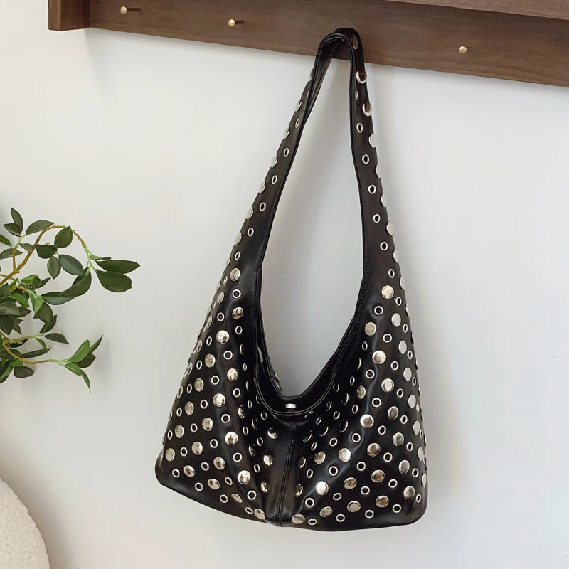 Patent Leather Rivet Bucket Bag — Studded Tassel Shoulder Handbag, Casual Luxury Underarm Bag