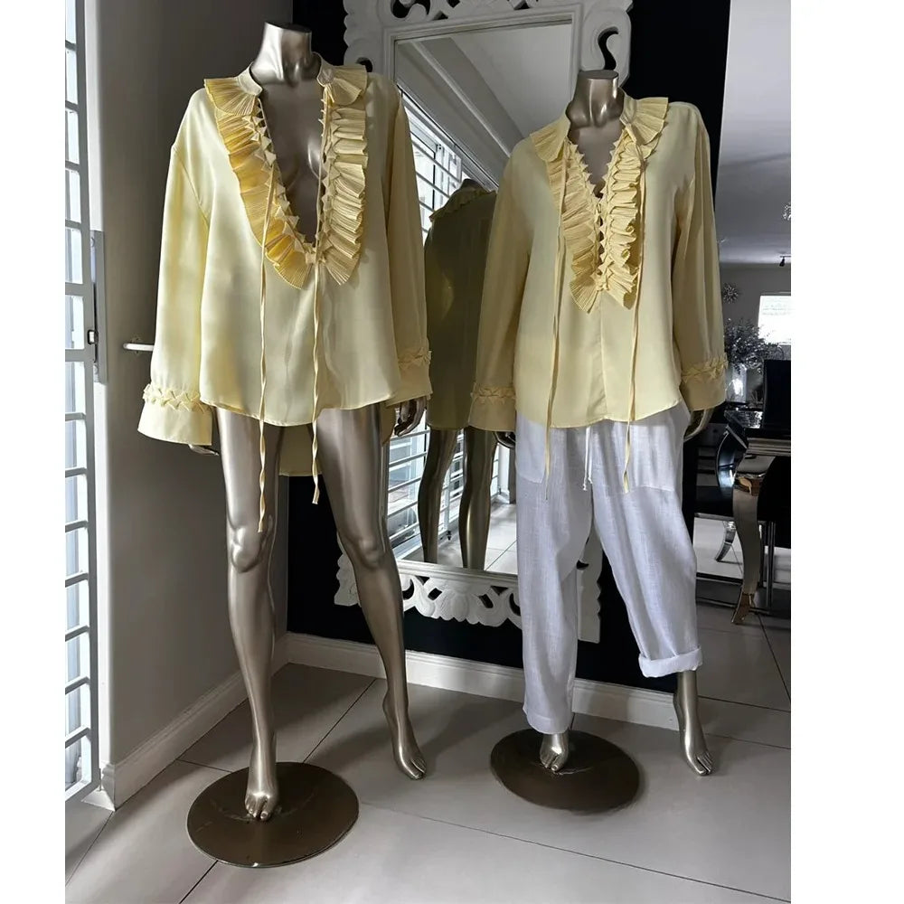 KONDALA Vintage Yellow Ruffle V-Neck Lace-Up Bow Tie Blouse Long Sleeve Casual Top