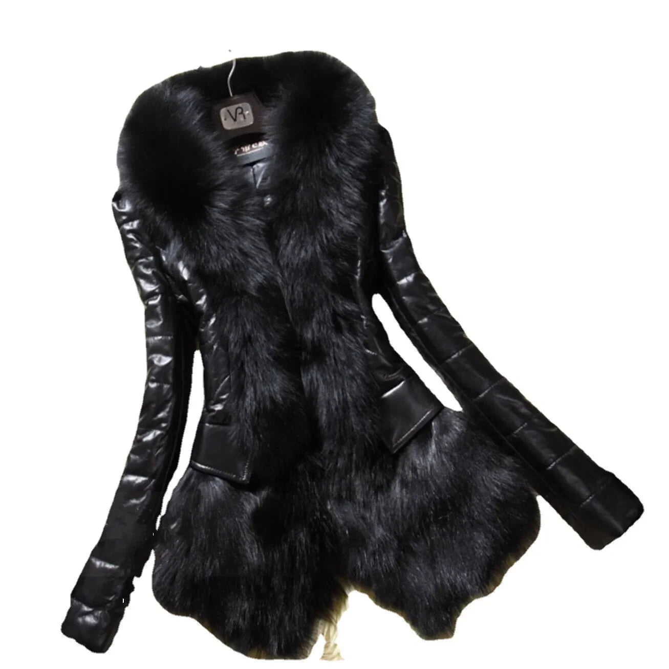 Women's Faux Fur Collar PU Leather Mid-Length Coat - Slim Fit Long Sleeve Patchwork Street Style