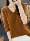 Women’s V-Neck Merino Wool Half-Sleeve Pullover – Lightweight Spring/Summer Knit Top
