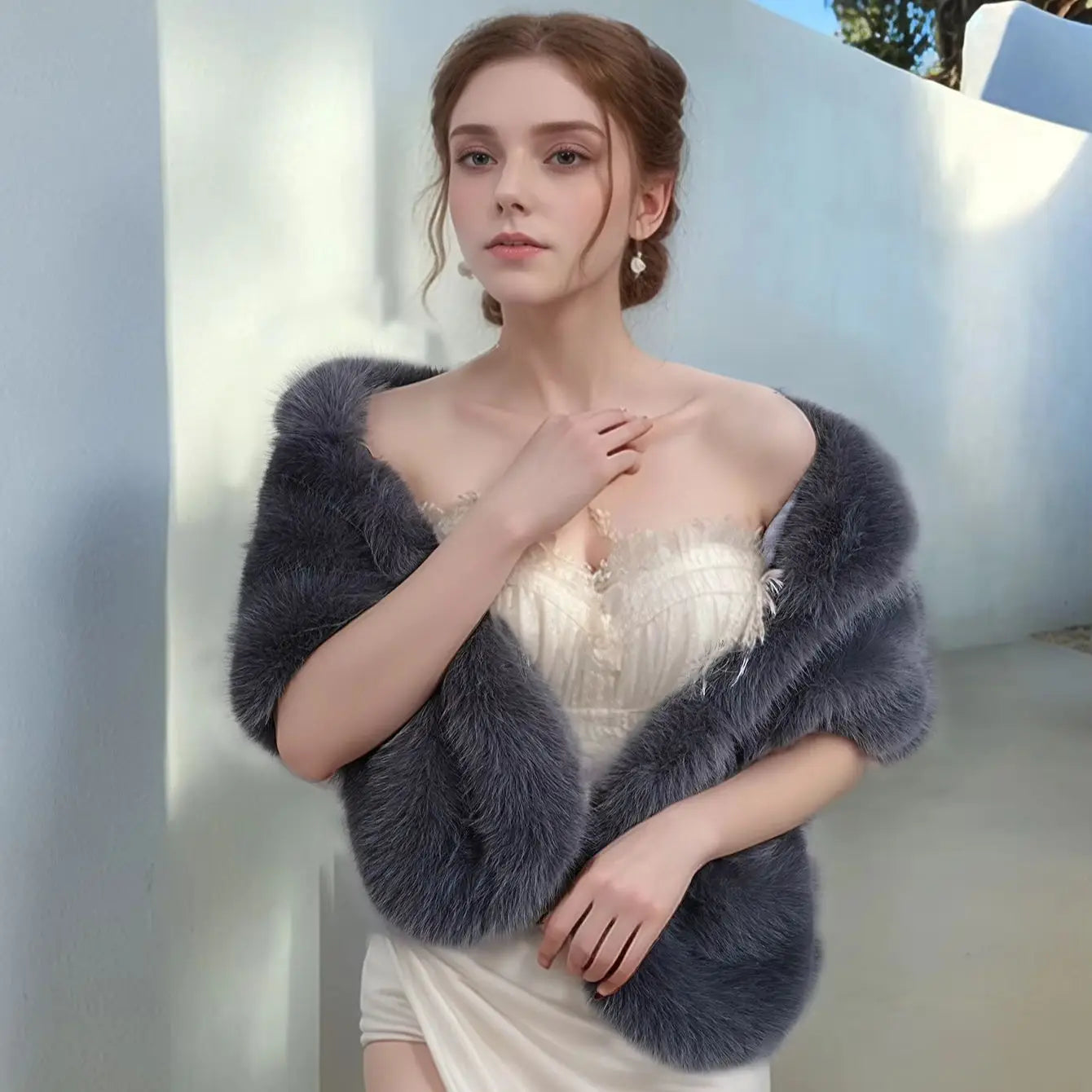 Handmade Faux Fox Fur Shawl - Polyester Long Wedding & Party Wrap (53-69 in / 135-175 cm)