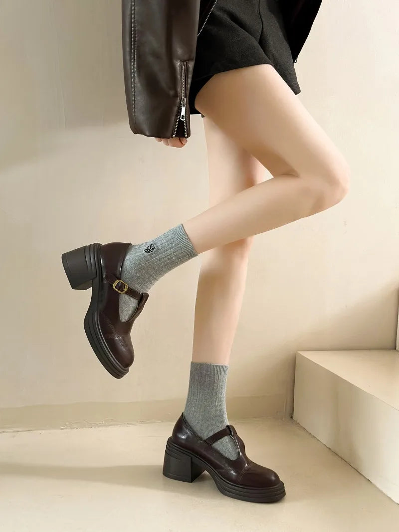 Women's T-Strap Mary Jane Pumps Chunky Square Heel 2–3 in (5–8 cm) Platform PU Round-Toe Buckle