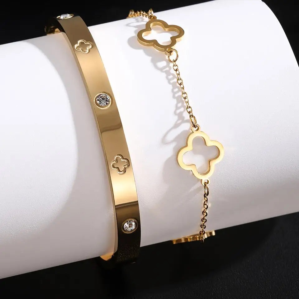 2-Piece Women's Lucky Clover & Heart Bracelet Set Stainless Steel Zircon Charm Jewelry Gift