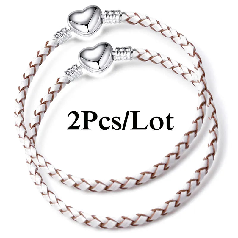 2-Pack Leather Chain Charm Bracelets with Beads – Handmade Couples Pulsera Jewelry (Unisex)