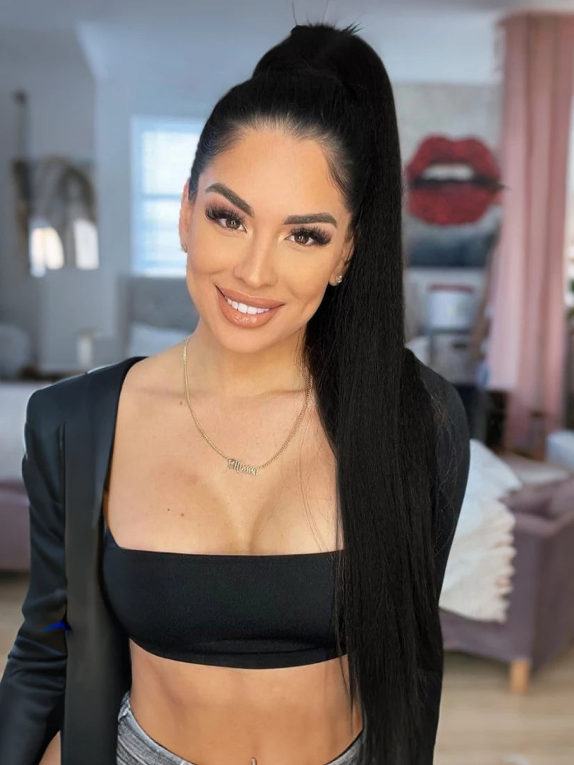 20 in (50 cm) Drawstring Clip-In Ponytail Extension Long Straight Heat-Resistant Synthetic Hairpiece for Women