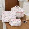 Pink Strawberry Quilted Cosmetic Bag – Portable Travel Makeup Pouch & Toiletry Organizer, Multiple Sizes (Small 15×9×8 cm / 5.9×3.5×3.1 in; Handbag 24×18.5×7 cm / 9.4×7.3×2.8 in; Tote 25×16×15 cm / 9.8×6.3×5.9 i