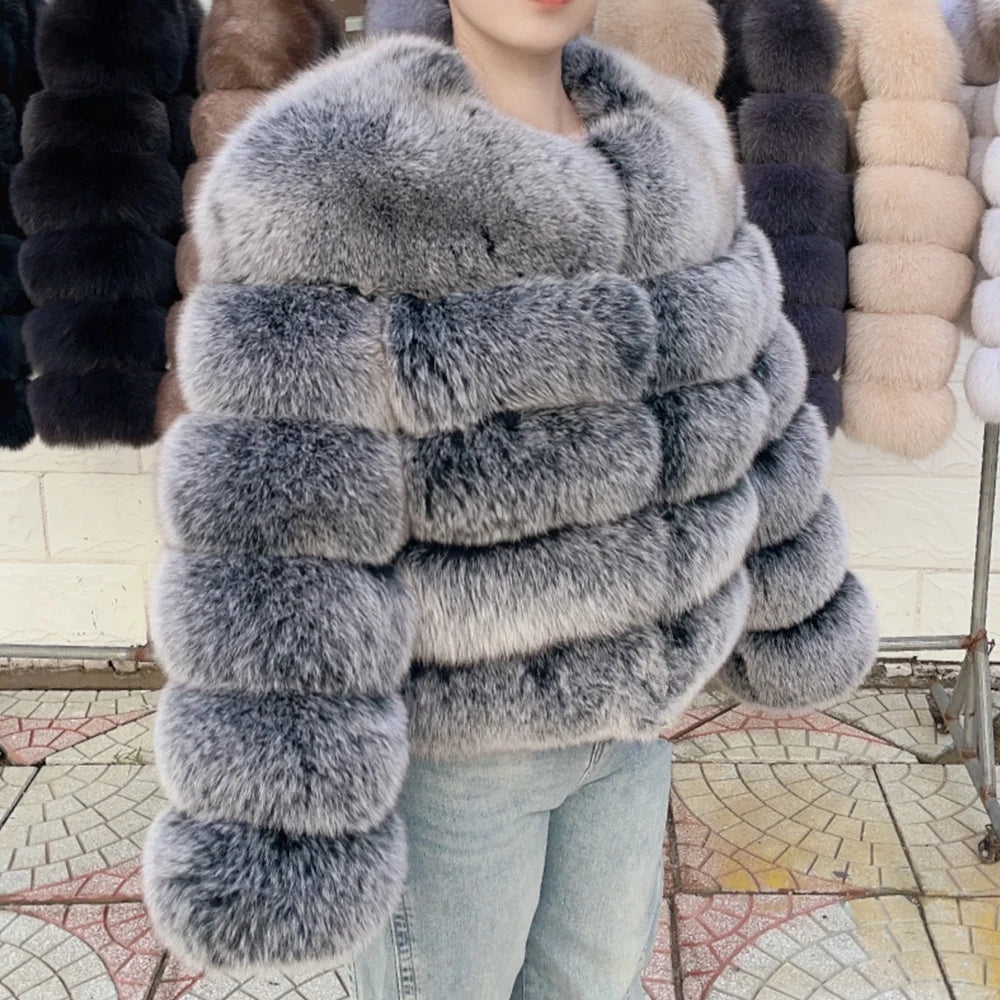 Women's White Faux Fox Fur Coat – Slim Plush Faux-Fur Winter Jacket