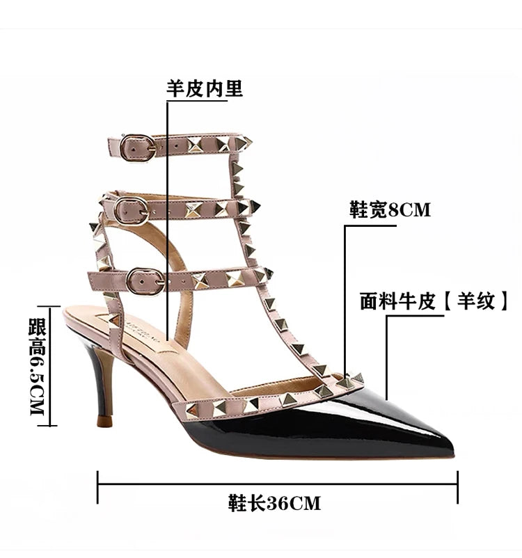 Women's Gladiator High-Heel Sandals - Black Patent Leather 3-Strap Ankle Strap Rivet Designer Heels