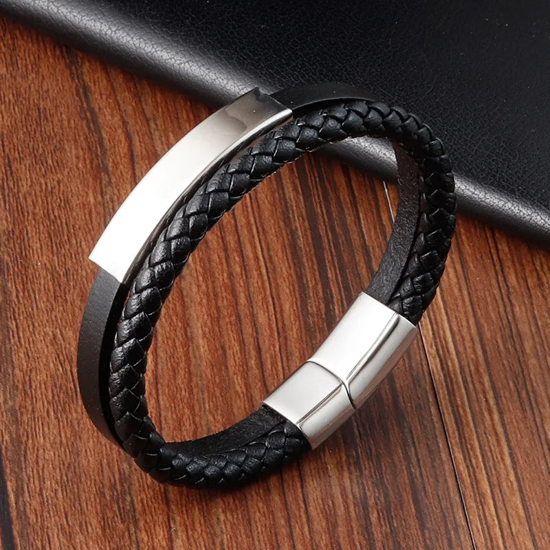 Men's Black Genuine Leather Double-Layer Braided Bracelet with Stainless Steel Accent – Sizes 18.5/20.5/22 cm (7.3/8.1/8.7 in)