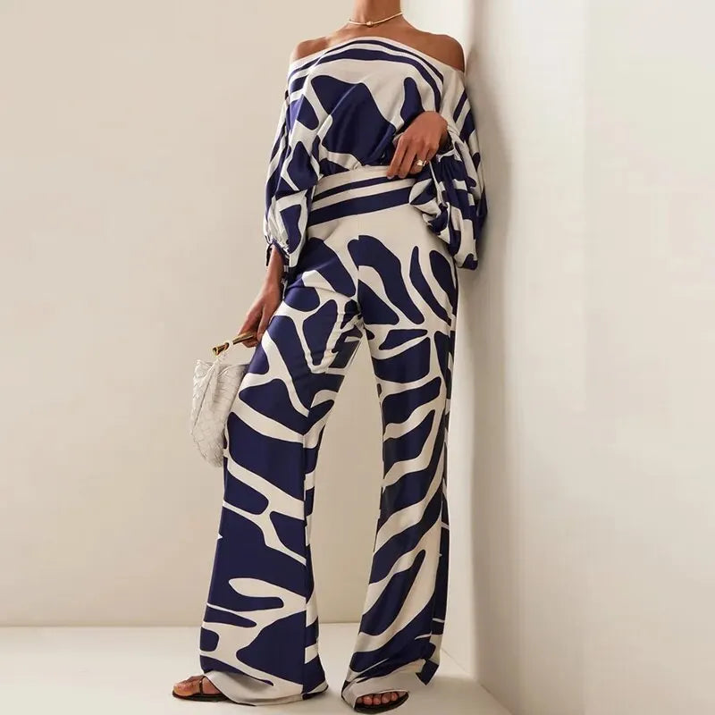 VEITCHE Women's Off-Shoulder Print 2-Piece Set — Long Sleeve Blouse & High-Waist Wide-Leg Pants