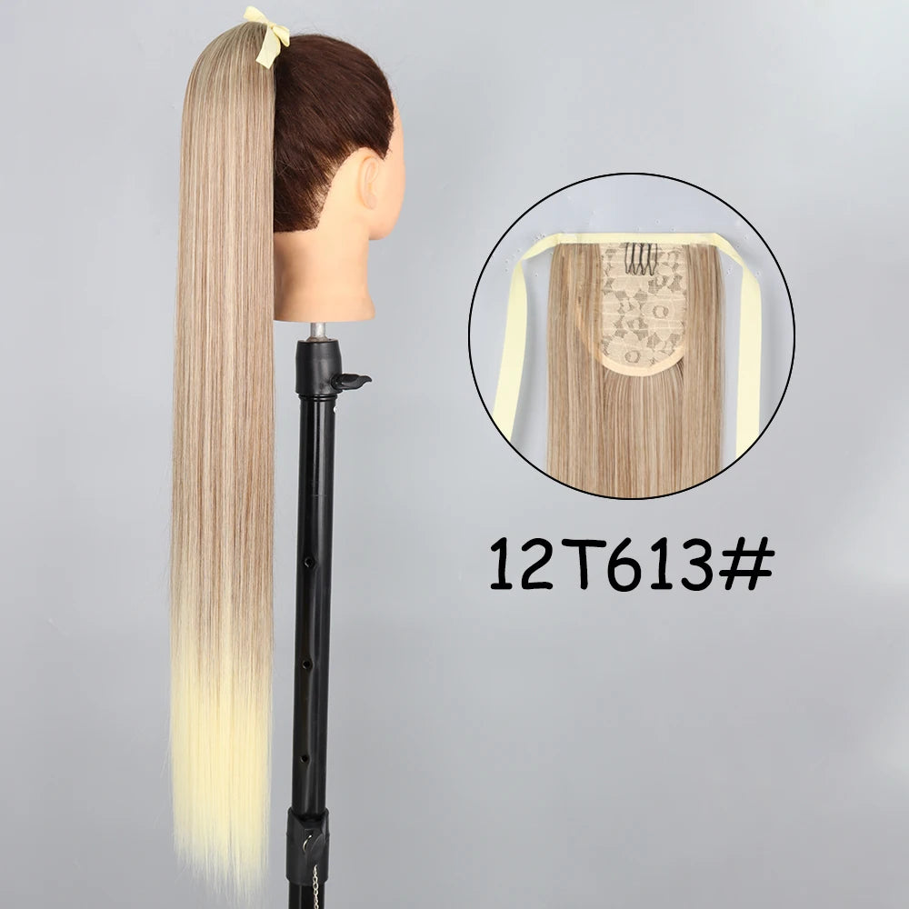 34-Inch (86 cm) Clip-In Synthetic Ponytail Hair Extension — Blonde Wrap-Around Long Straight Hairpiece
