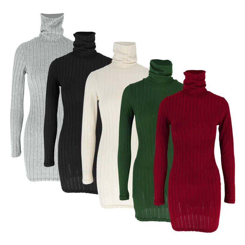 Women's Turtleneck Long Sleeve Knitted Bodycon Mini Dress - Autumn Winter Sheath Party Club