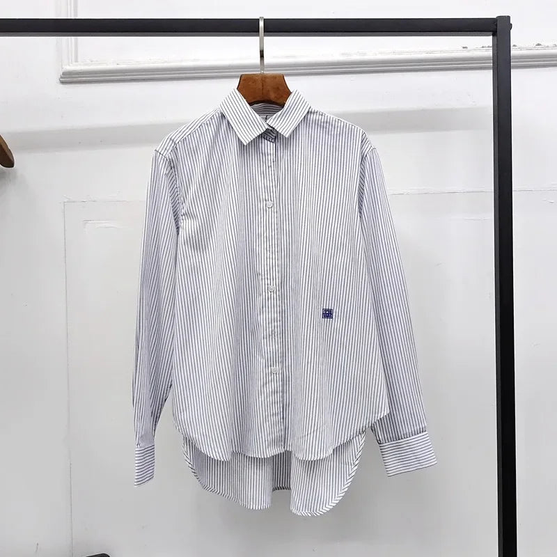Women's Vertical Striped Shirt - Loose Long-Sleeve Button-Up Blouse with Asymmetric Hem, Office Commuter Style