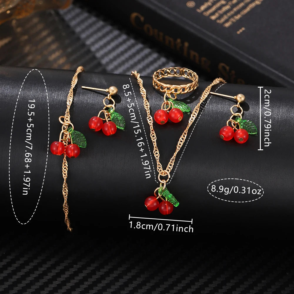 6-Piece Red Women’s Watch & Cherry Jewelry Gift Set – Minimalist Quartz Watch with Leather Strap