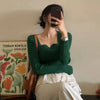 Women's Vintage Square-Collar Knit Pullover Sweater - Slim Fit Autumn/Winter (Korean Style)