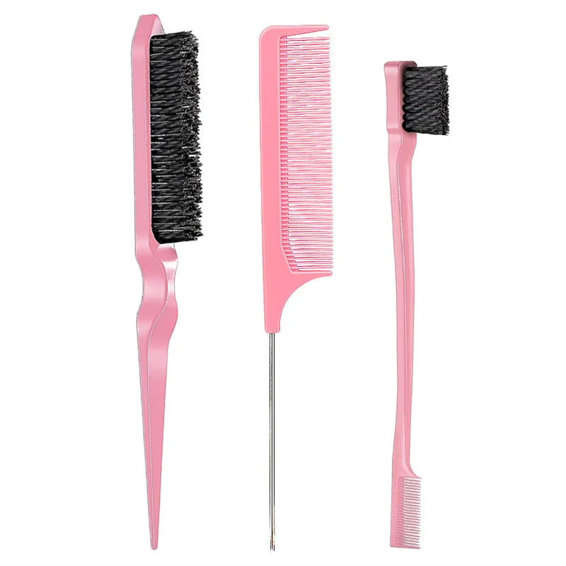 3-Piece Hair Comb & Eyebrow Brush Set - Tail Comb, 3-Row Detangling Comb, Steel Pin Tail Comb