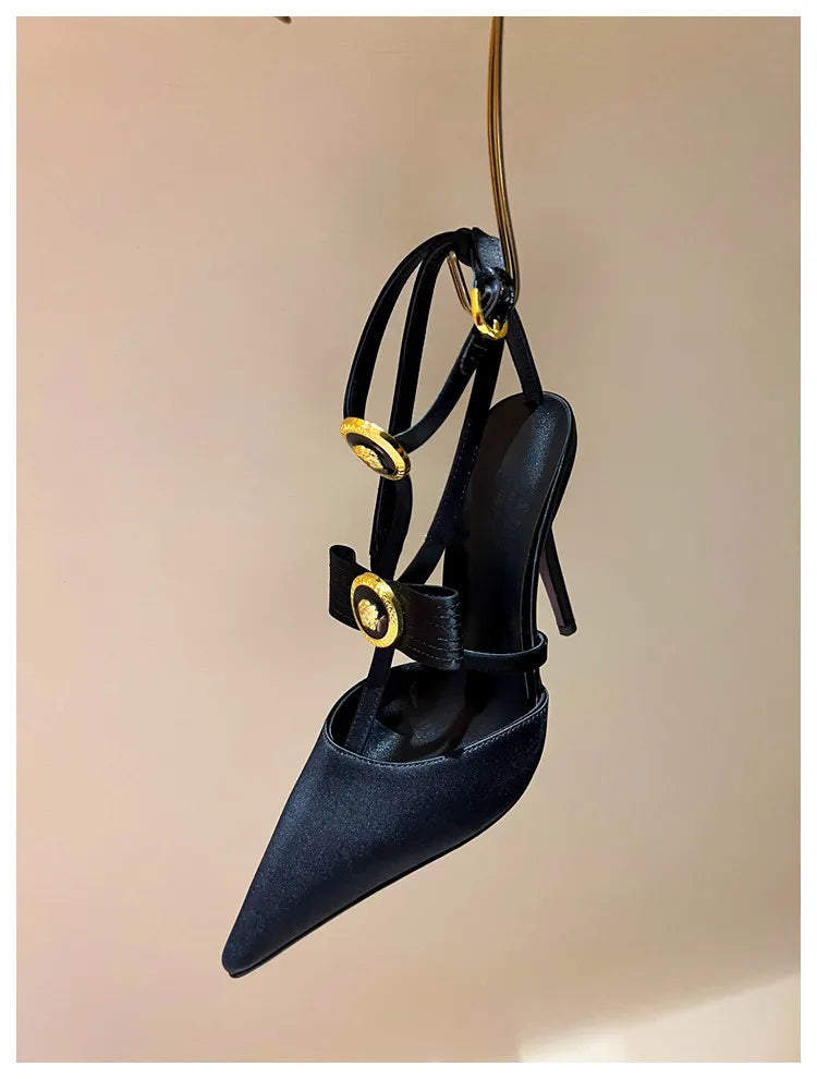 Bow Tie Pointed Toe Thin Heel Sandals for Women, Roman Straight Strap, 2.0-3.1 in (5-8 cm) Heel