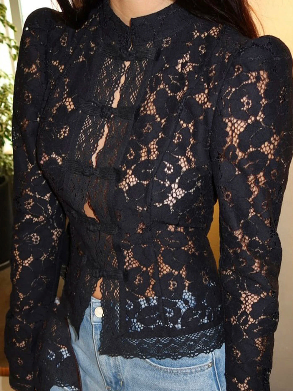 Women's Floral Lace Blouse - Long Sleeve Button-Up Sheer Top for Work & Date Night