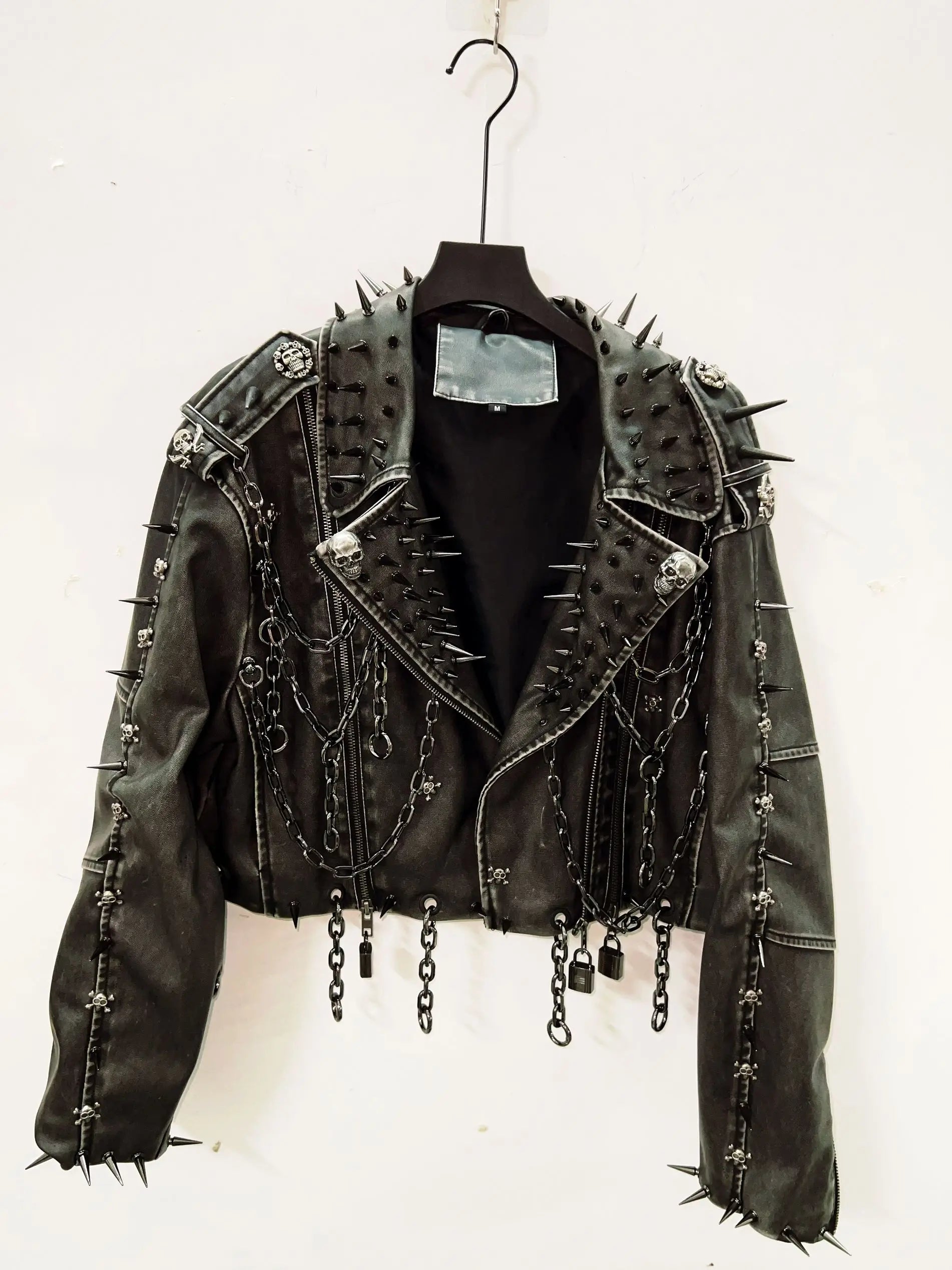 Women's Vintage Gothic Faux Leather Skull Jacket - Harajuku Y2K Punk Biker Coat with Rivets & Chains