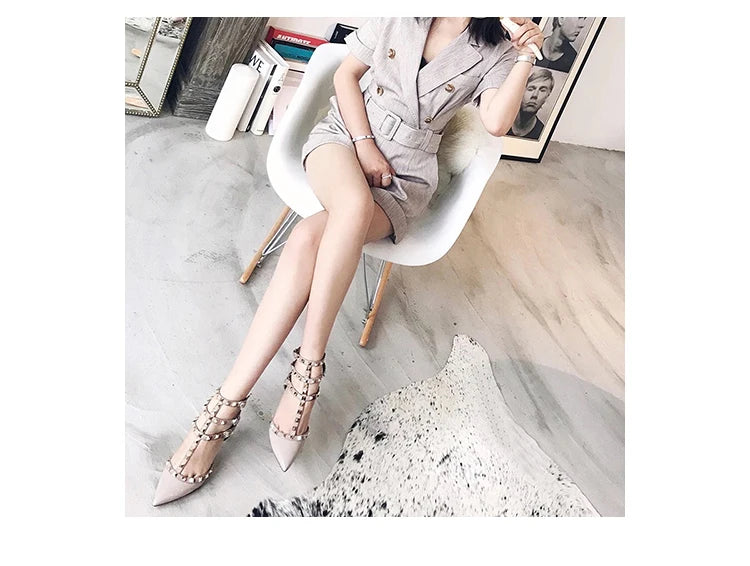 Women's Gladiator High-Heel Sandals - Black Patent Leather 3-Strap Ankle Strap Rivet Designer Heels