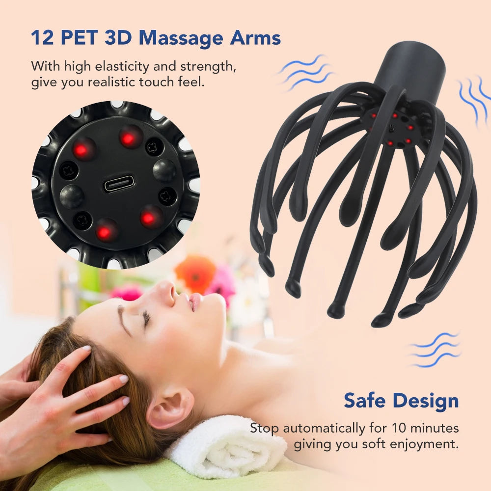 USB Rechargeable 3-Speed 3D Octopus Scalp Massager — Hands-Free Electric Head Scratcher for Stress Relief & Hair Stimulation