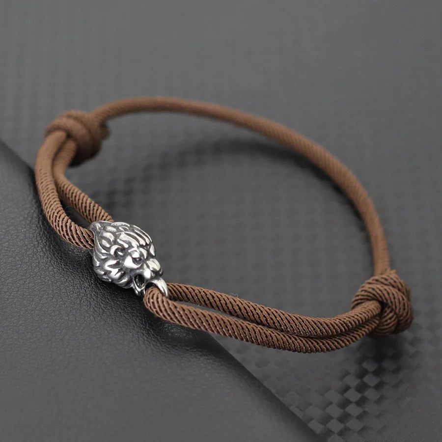 Gothic Lion Head Stainless Steel & Red String Bracelet - Handmade Adjustable Men's Punk Hip Hop Gift