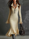 Women’s Knitted Fishtail Midi Dress – Slim Fit Lapel Collar, Flared Full Sleeves – Autumn Winter Solid