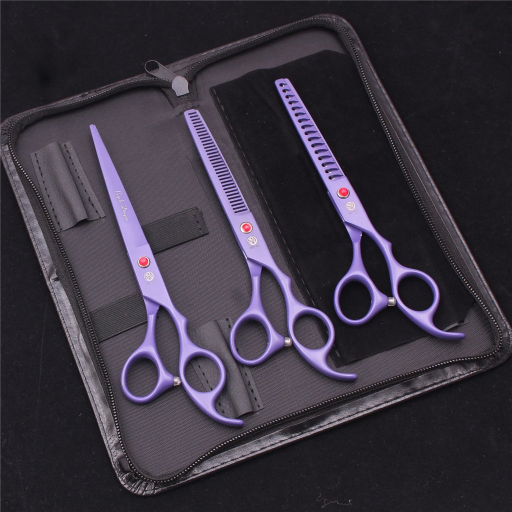 7-Inch (17.8 cm) Japanese 440C Pet Grooming Scissors Set — Straight 7 in, Curved 7 in, Thinning 6.5 in (16.5 cm) for Dog & Cat Grooming with Comb & Hemostatic Forceps