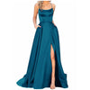 Navy Blue Halter Satin Bridesmaid Dress – Long Spaghetti Straps A-Line with Backless Criss-Cross, Side Slit & Pockets