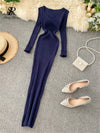 SINGRAIN Women's Autumn Winter V-Neck Long Knit Sweater Dress Slim Stretch Mid-Calf Bodycon