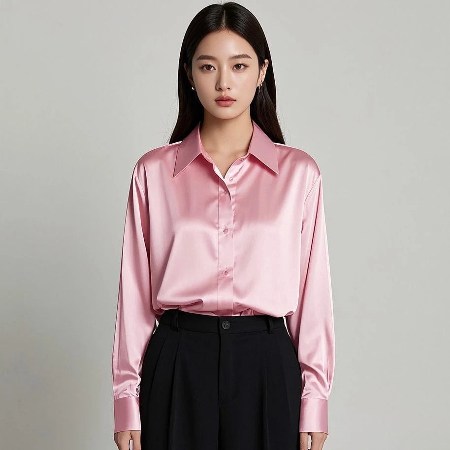 Korean Slim Satin Blouse for Women, Office Casual Long Button Shirt Solid Multicolor