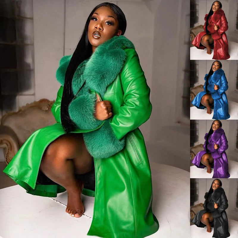 Women's PU Faux Leather Long Coat with Turn-Down Collar — Warm Casual Autumn Winter Jacket