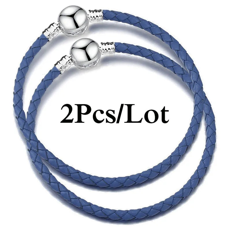2-Pack Leather Chain Charm Bracelets with Beads – Handmade Couples Pulsera Jewelry (Unisex)