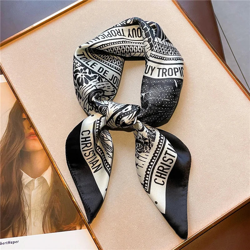 Luxury Satin Square Scarf 90 x 90 cm (35 x 35 in) – Polyester Twill Kerchief, Letter Print Sun-Protective Shawl for Women