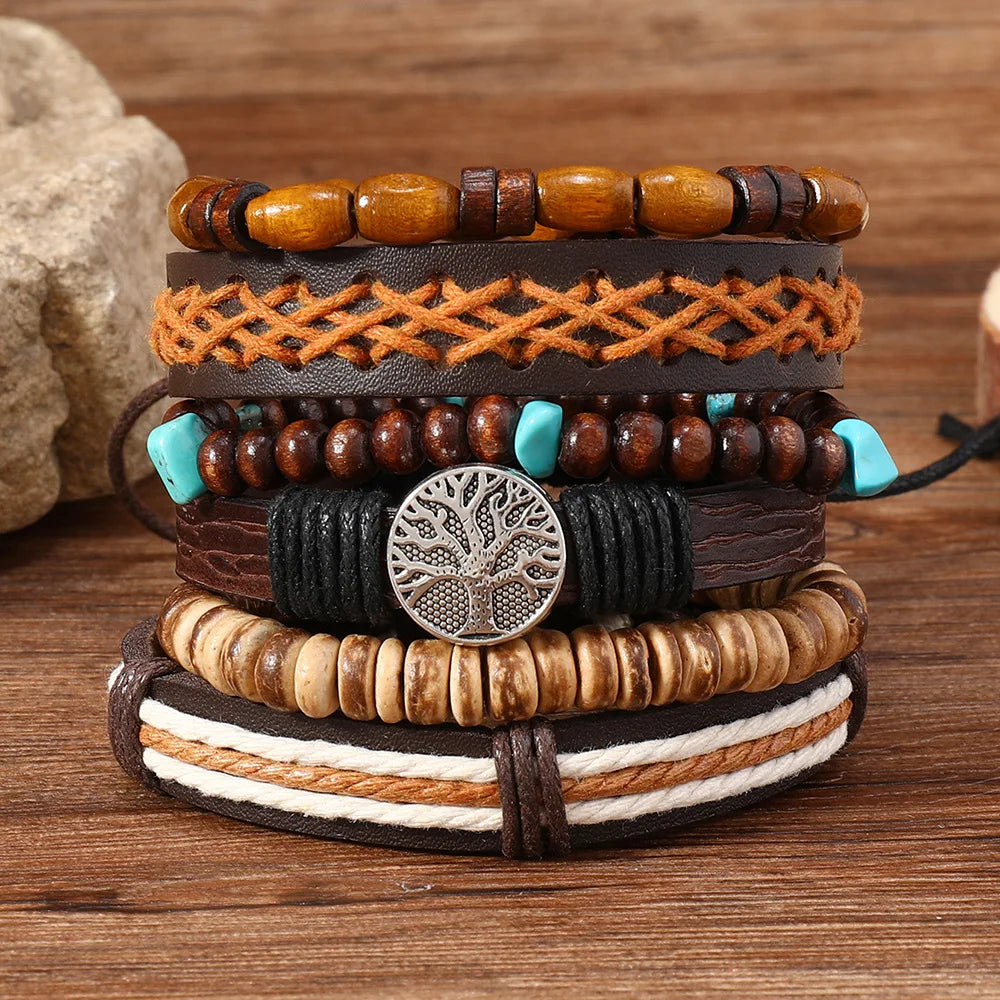 6-Pack Adjustable Leather Wrap Bracelets – Punk Beaded Tree Design, Unisex (17–24 cm / 6.7–9.4 in)