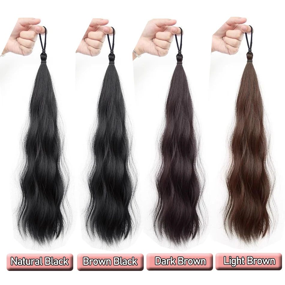 Long Wavy Synthetic Ponytail Extension 40cm (≈16 in) - Self-Winding Braided Wrap with Elastic Band