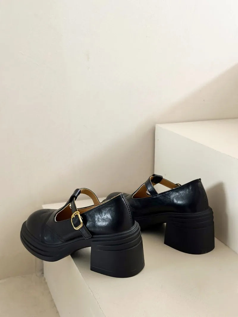Women's T-Strap Mary Jane Pumps Chunky Square Heel 2–3 in (5–8 cm) Platform PU Round-Toe Buckle
