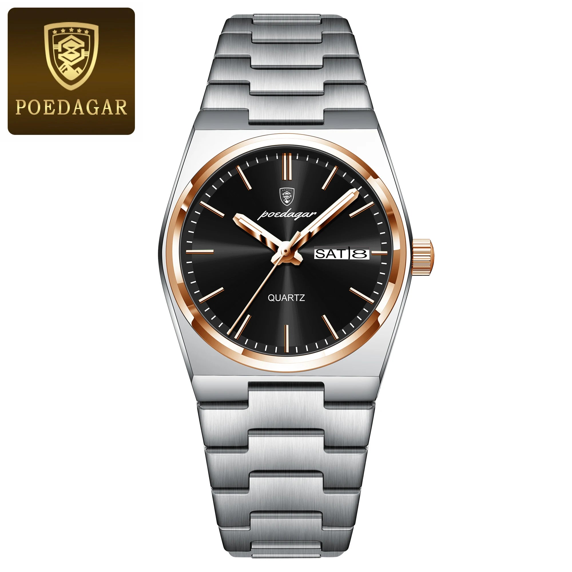 POEDAGAR Women's 35mm Stainless Steel Quartz Watch – Waterproof 3ATM, Luminous Hands, Date & Week Display