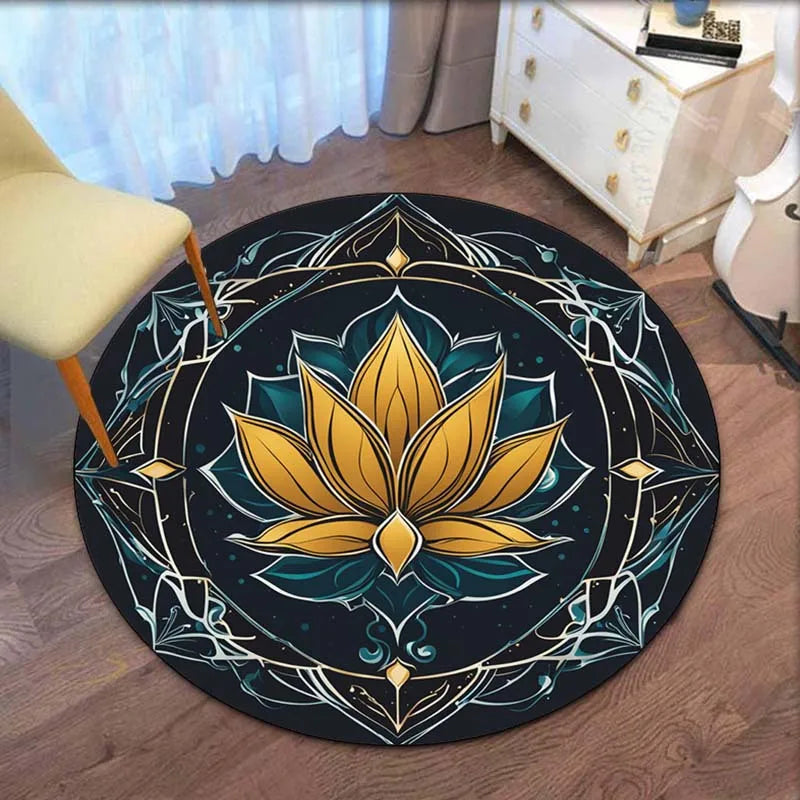 Golden Lotus Mandala Round Rug – Crystal Velvet Non-Slip Floor Mat for Yoga & Meditation, Boho Chic Home Decorative Carpet (Multiple Sizes: 24–71 in / 60–180 cm)