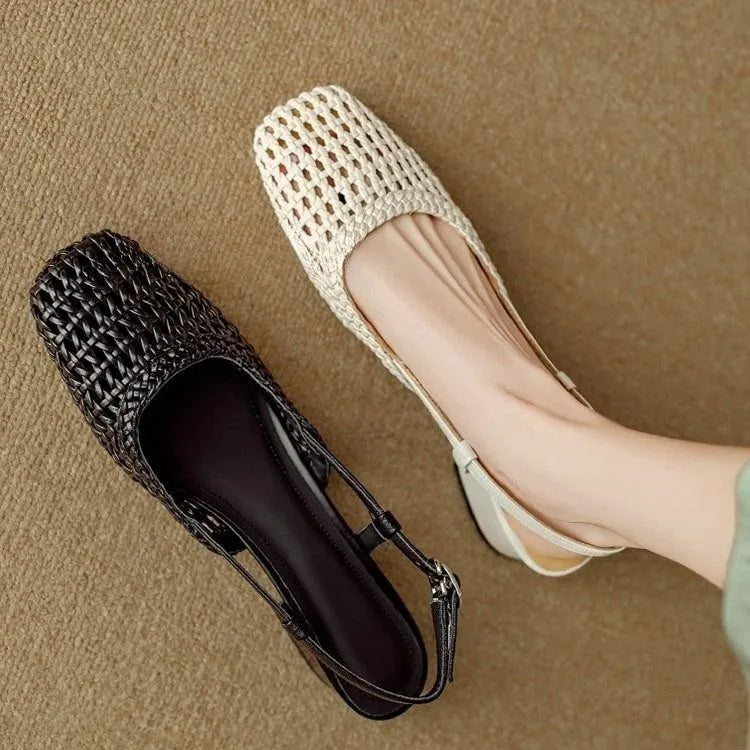 French Square-Toe Woven Mid-Heel Sandals for Women - PU Leather Square Block Heel 3-5 cm (1.2-2.0 in)