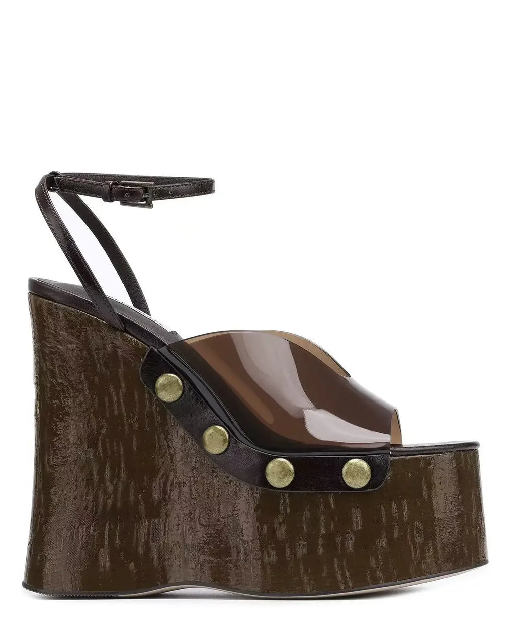 Women's Woodgrain Chunky Sandals – Square Block Heel 14 cm (5.5 in), Waterproof, Rivet & Rhinestone Accents, Metal Buckle