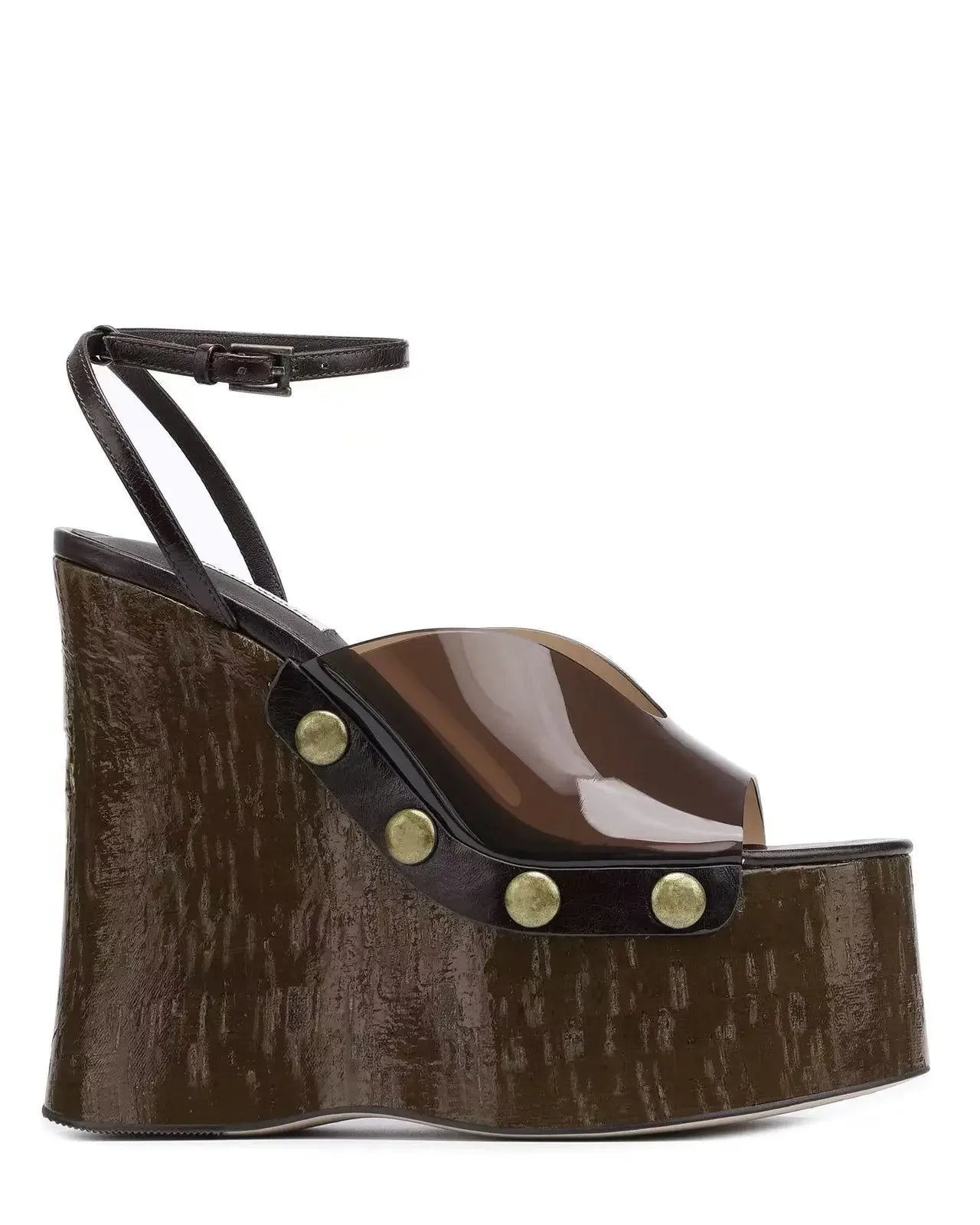 Women's Woodgrain Chunky Sandals – Square Block Heel 14 cm (5.5 in), Waterproof, Rivet & Rhinestone Accents, Metal Buckle