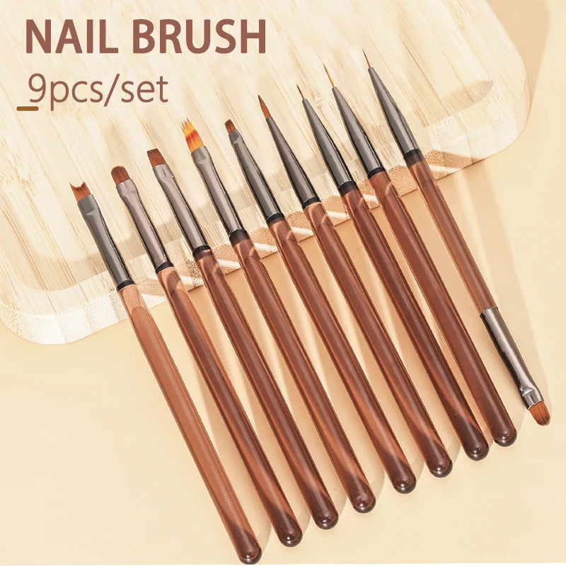 9-Piece Nail Art Brush Set Liner & Detail Brushes for Acrylic, Gel & Manicure Nail Tip Display