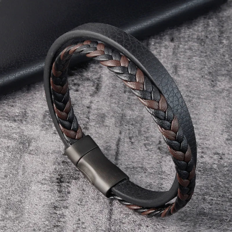 Men's Black Genuine Leather Double-Layer Braided Bracelet with Stainless Steel Accent – Sizes 18.5/20.5/22 cm (7.3/8.1/8.7 in)