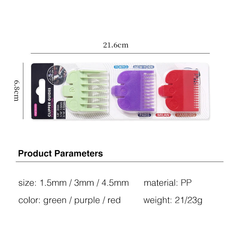 Universal Hair Clipper Guide Combs 1.5/3/4.5mm – Color-Coded Plastic Trimmer Guards (Green, Purple, Red)