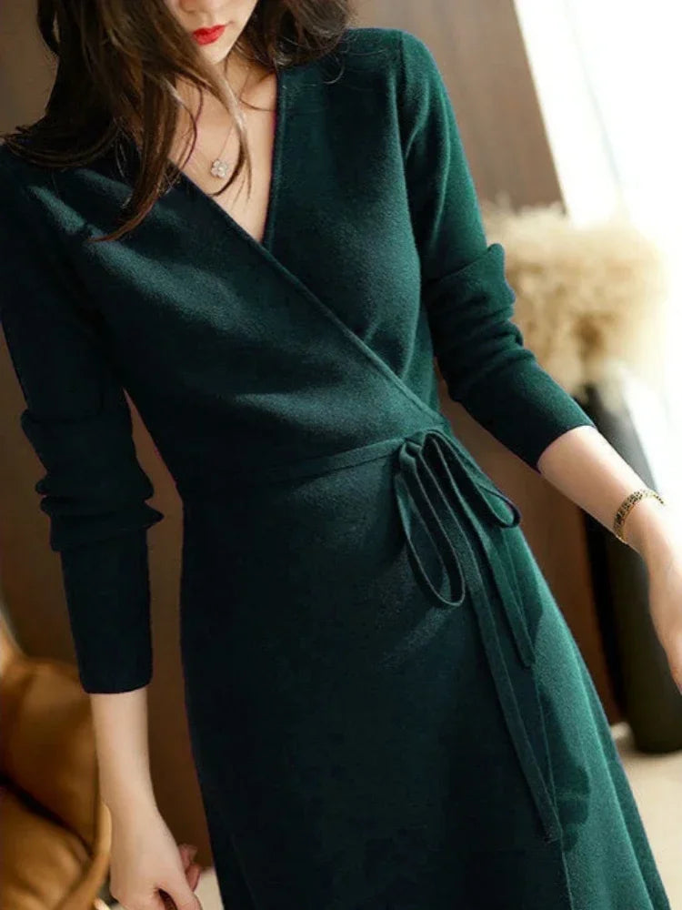 Women's Autumn Winter V-Neck Knit Wrap Dress — Korean Style Elegant A-Line Midi Sweater Dress
