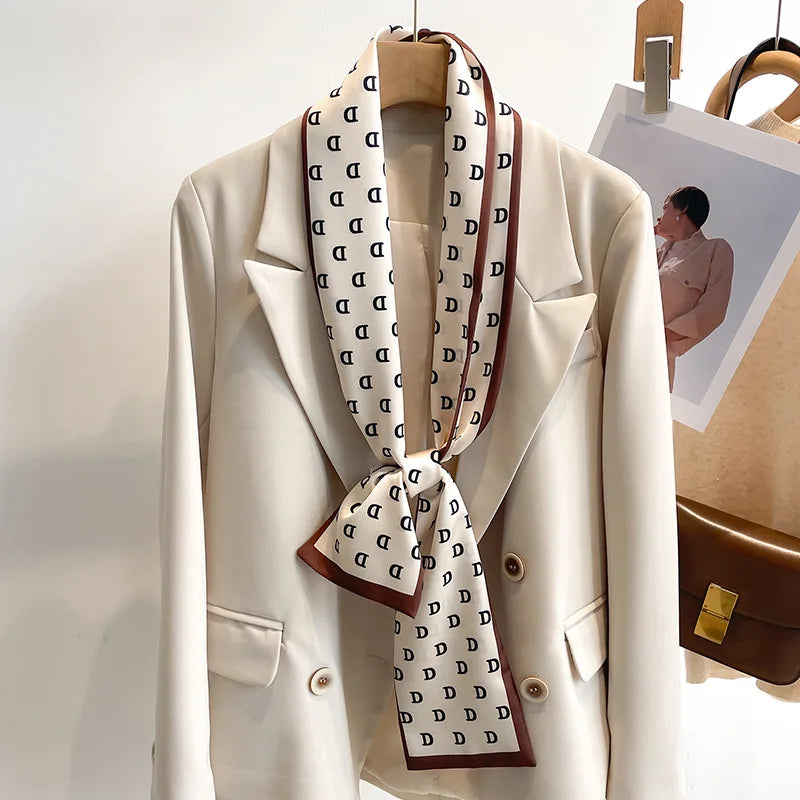 Women's Silk-Feel Printed Long Narrow Scarf 12 x 148 cm (4.7 x 58.3 in) - 50+ Colors | Headband & Shawl