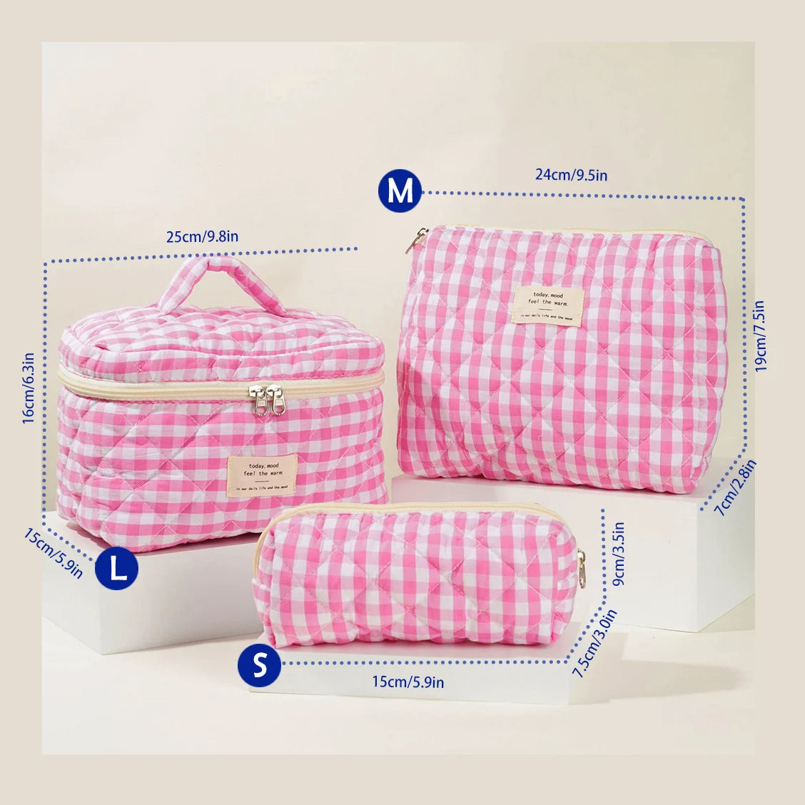 Quilted Cotton Makeup Bag – Zipper Cosmetic Organizer Box-Shaped Toiletry Case for Women & Girls