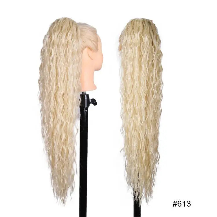 Long Ombre Blonde Synthetic Clip-In Braided Wavy Ponytail Hairpiece — Black to Brown Hair Extension